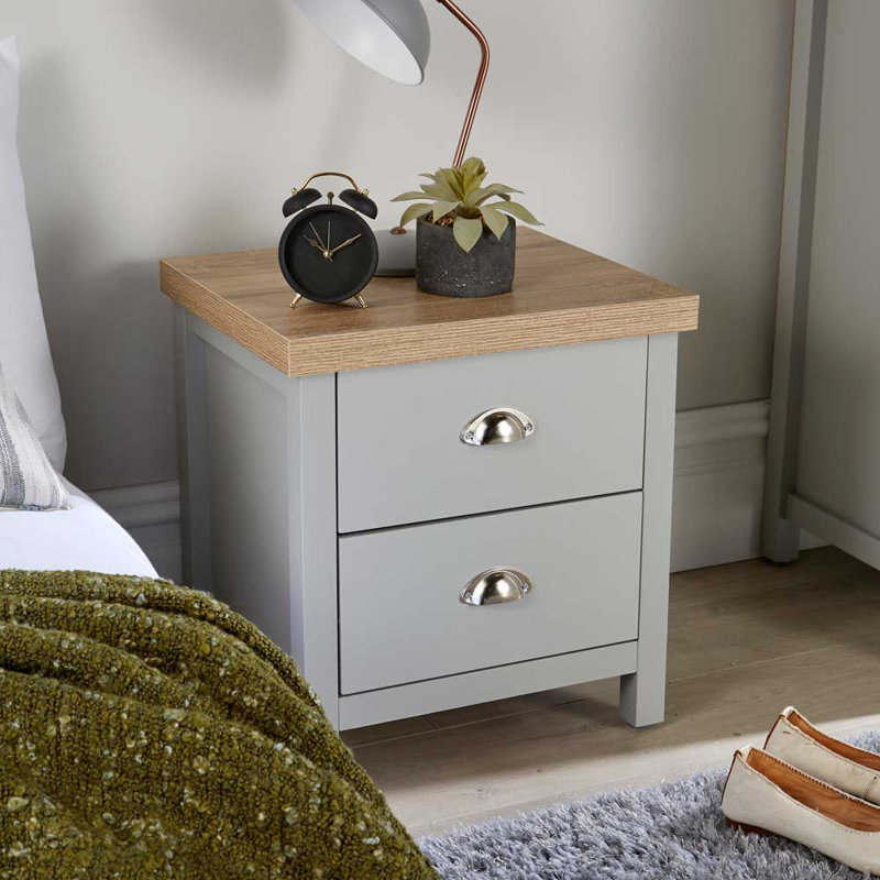 Spann Bedside Cabinet 2 Drawer Lamp Side Table Night Stand Two Tone 36mm Thick Top, Grey/Sonoma Oak