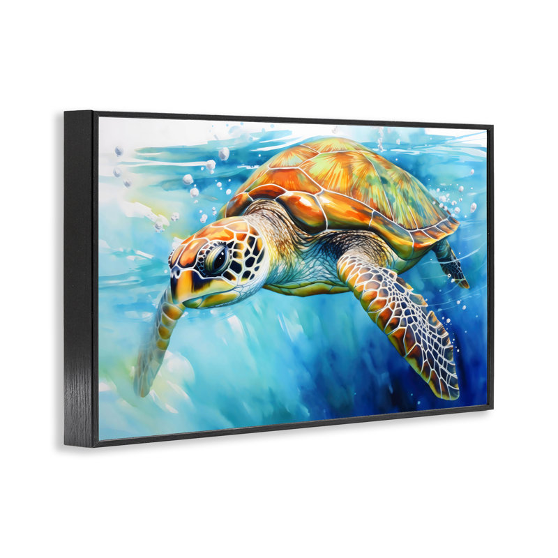 Giclée de tortue gracieuse nageuse, design par Creative Studio, H 16 po x l 24 po, Giclée encadrée noir minuit