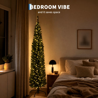 6.5 FT Pre-Lit Pencil Christmas Tree with Warm White LED Lights, Slim Artificial PVC Tree for Small-Space Indoor Holiday Decor