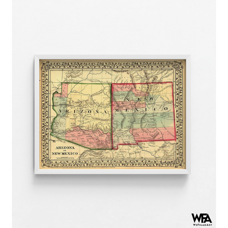 Arizona And New Mexico 1867, Colourful Arizona Map Poster, Mexican Map Print, North American Print, Mexican Wall Art, USA State Poster8x10"