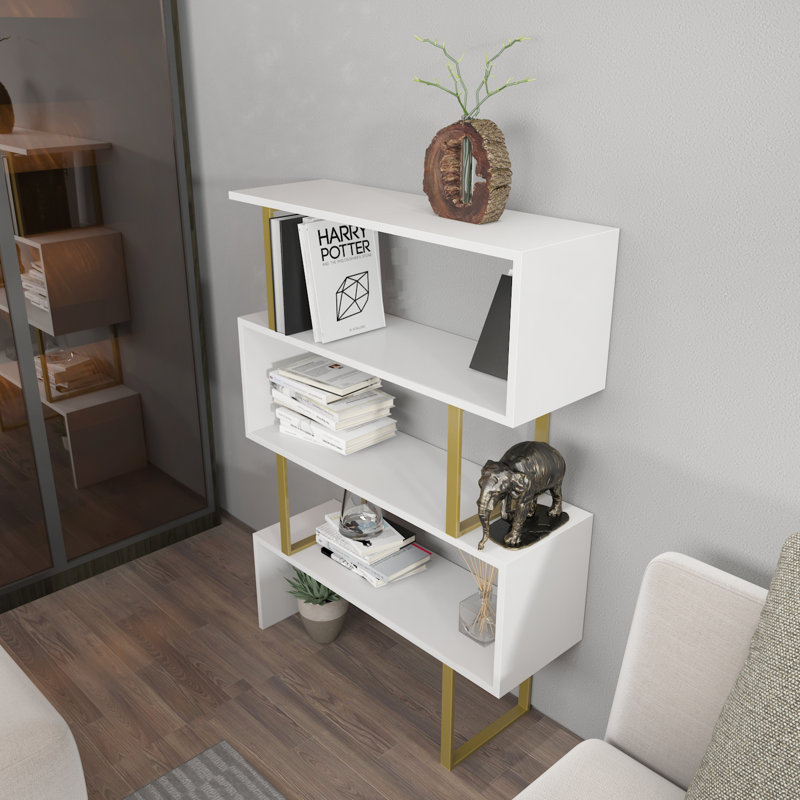 Malveaux 49'' H x 35'' W Geometric Bookcase, Gold/White