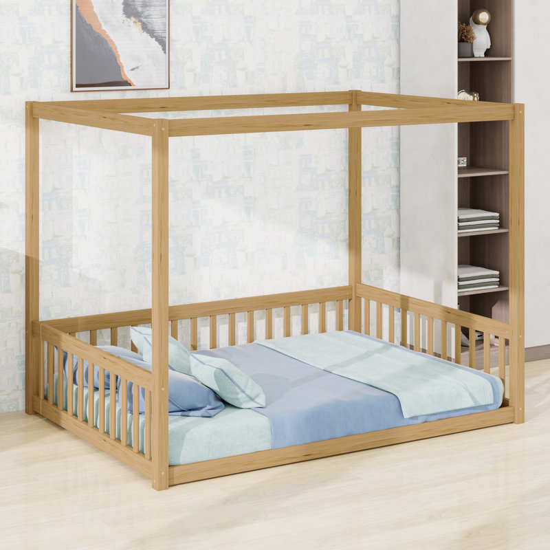 Canopy Frame Floor Bed Featuring Safety Fence And Guardrails, Natural