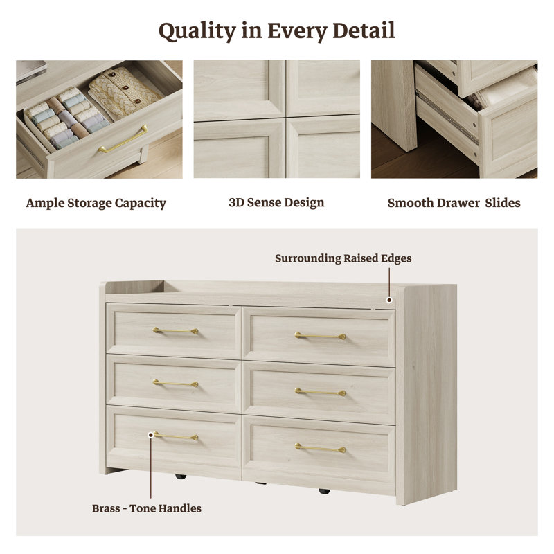 56.4"W Modern 6-Drawer Dresser, Gray White Oak