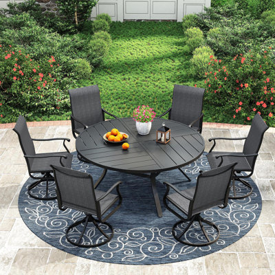 Outdoor Patio Dining Set - 53” Round Table with Umbrella Hole + 6 Swivel Chairs