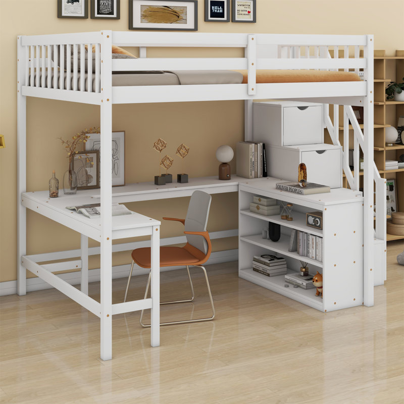 Lit mezzanine avec bureau intégré en forme de L, tablettes de rangement et escalier de rangement attaché, Blanc