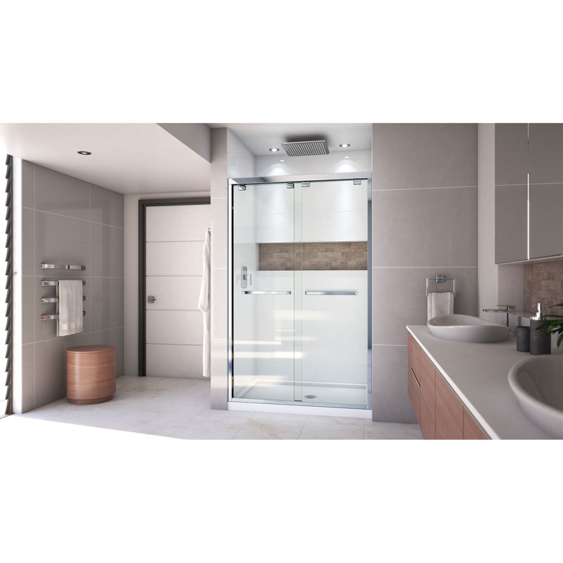 Encore 48" W x 32" D x 78.75" H Semi-Frameless Rectangle Shower Enclosure with Base Included, Chrome/White, Center