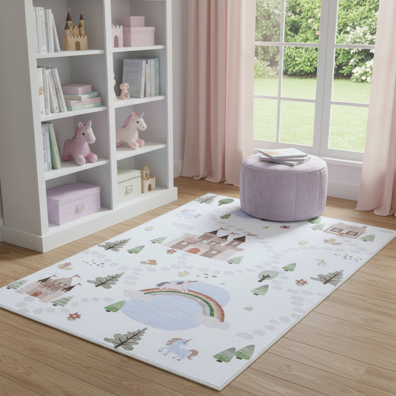 Tapis 5 pi x 8 pi blanc cassé vert et bleu château et arc-en-ciel