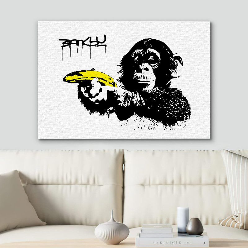 Singe Banksy avec banane, Toile tendue, H 32 po x l 48 po x P 1,5 po