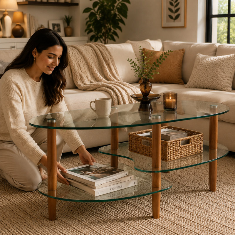 Table basse moderne ovale avec plateau en verre trempé, tablettes de rangement et structure en métal, Brun, Transparent