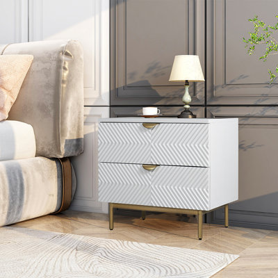 Table de chevet Chittum avec 2 tiroirs au fini blanc et or