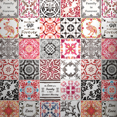 Moroccan Black and Red Vintage Azulejo Mix PVC Mosaic Tile Sticker - 15cm x 15cm