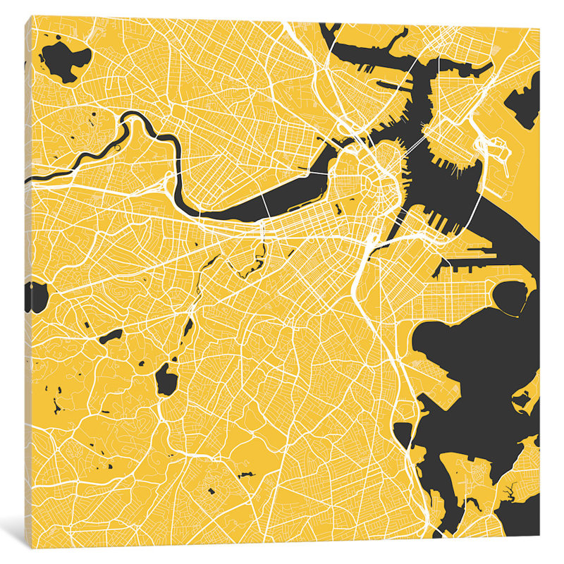 «Boston Urban Roadway Map» par Urbanraph, impression sur toile, H 18 po x l 18 po x P 1,5 po, Toile avec cadre noir