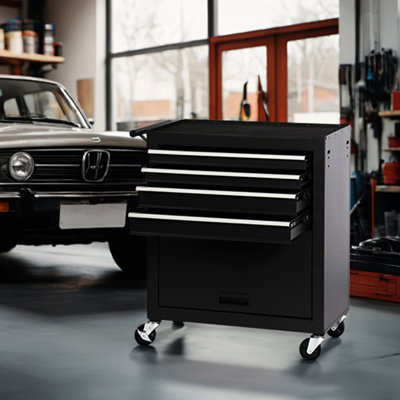 Rolling 4 Tool Chest - Robust Steel Cabinet For Garages, Workshops, Repair Shops, Warehouses Black Color Storage Warehouses, Shops