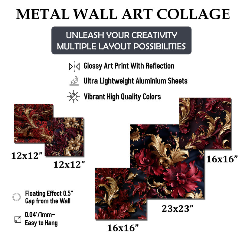 Opulent Red and Gold Baroque Damask Metal Wall Art Set