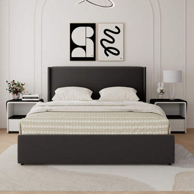 Liv Patented 2-Drawers Storage Bed Size Ivory Boucle Upholstered Platform Bed, Curved Stitched Tufted Headboard, Wooden Slat Mattress Support, No Box Spring Needed