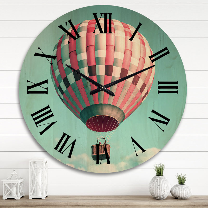 Horloge murale rétro ballon à air chaud paysage II - montgolfière en bois, Très grand