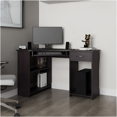 Bureau d'ordinateur d'angle en W avec tiroir et tablette Wenge