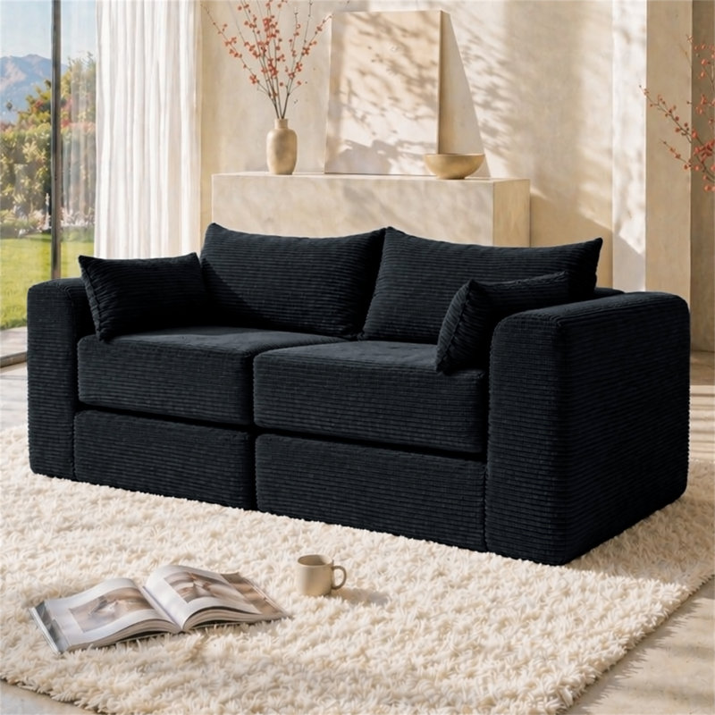 Canapé double modulaire 71 pouces 2 places, Velours côtelé noir