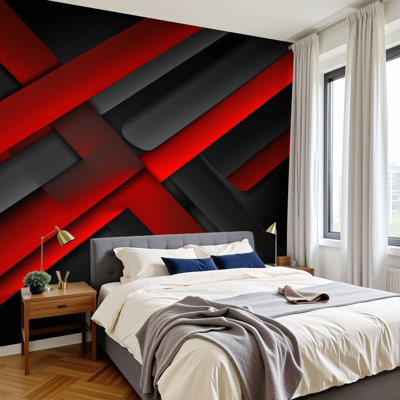 Peel and Stick Wallpaper Abstract Red Black Geometric Dynamic Lines Shapes Wall Murals 100"H x 144"W Removable PVC Wall Paper Self-Adhesive Wall Paintings Art Decor for Bedroom Living Room