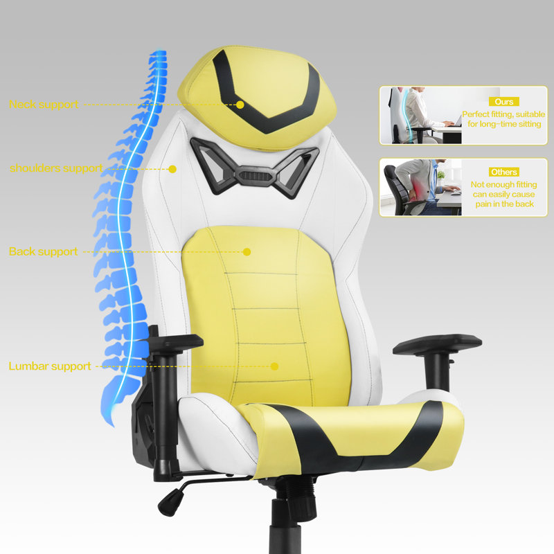 Inbox Zero Adjustable Ergonomic Swiveling PC & Racing Game Chair, Yellow/White