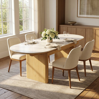 Modern 51"–79" Rectangular-to-Oval Extendable Dining Table with Beige Stone-Look Top and Natural Wood Double Pedestal Base, Expandable Kitchen Table Seats 6–8