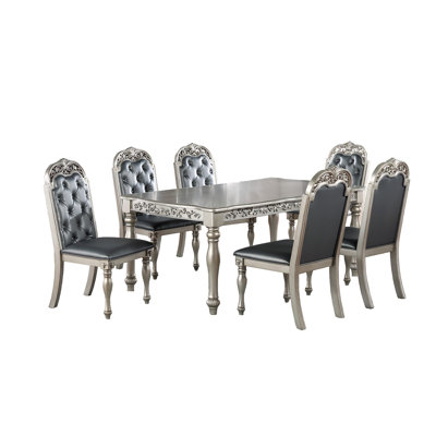Traditional Formal Silver / Grey Finish 7pc Dining Set Table w 6x Side Chairs Rubber wood Intricate Design Tufted back Cushion Seat Dining Room Furniture
