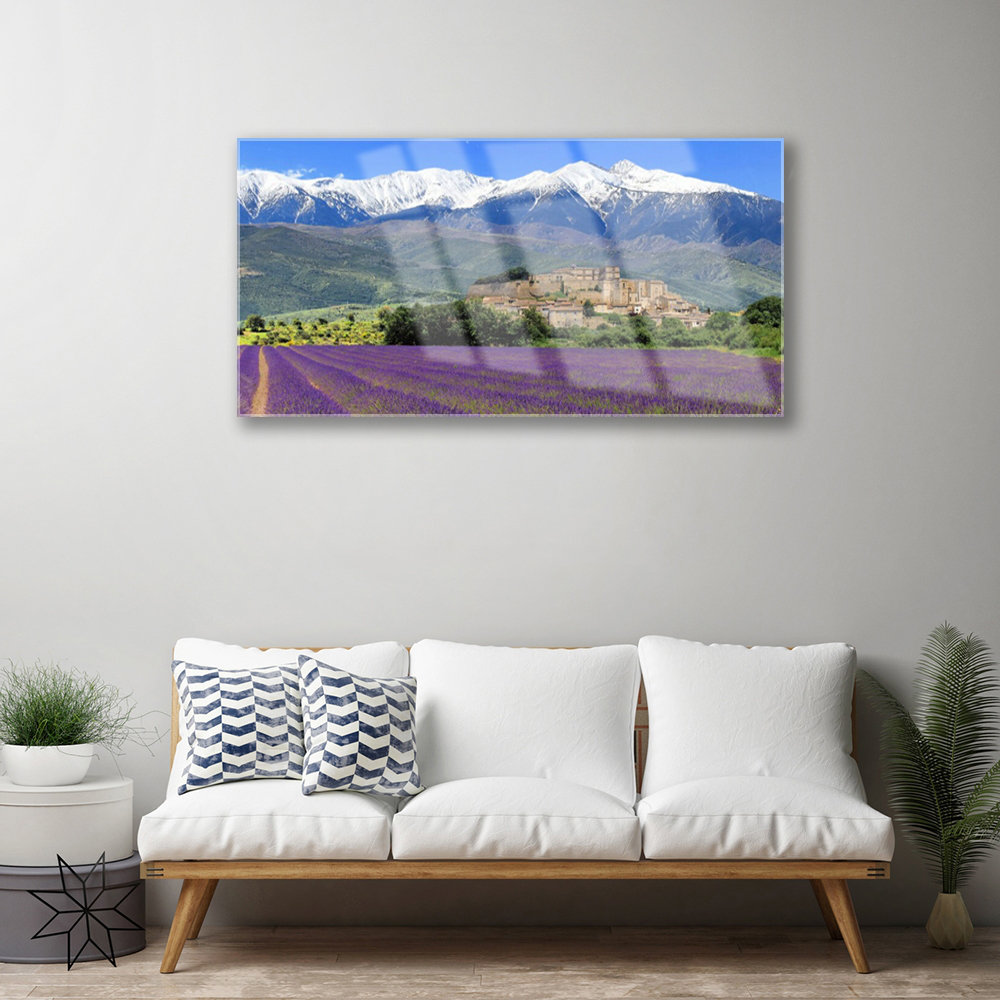 Glasbild Landschaft Wiese Blumen Berge