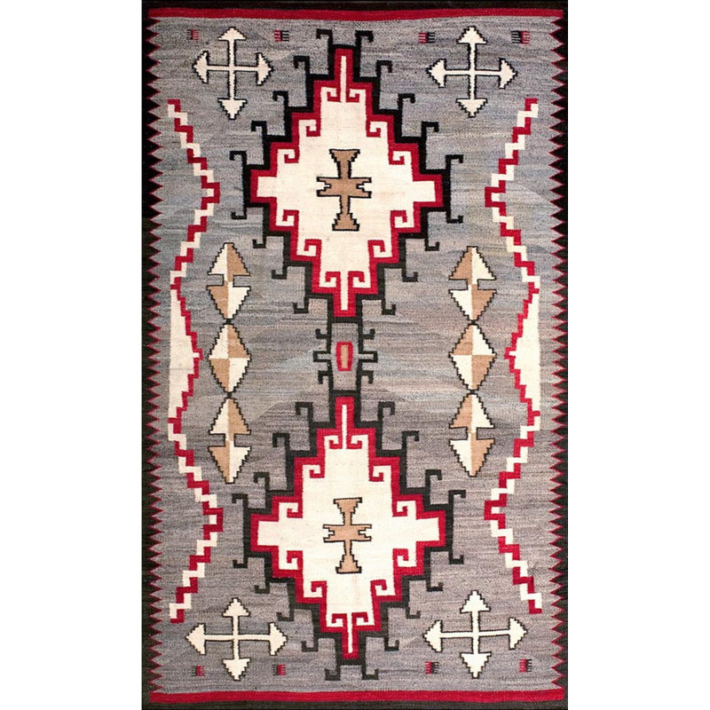 Antique Gray Background Tribal Geometric Flatwoven Native American Navajo Rug
