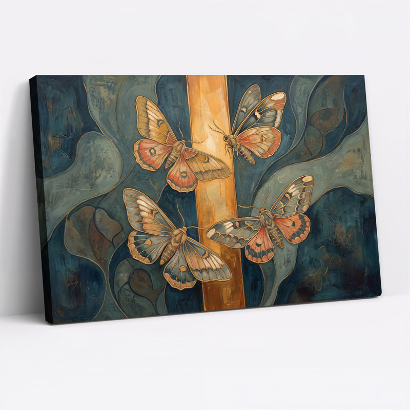 Tableau mural sur toile à fond texturé bleu et or représentant quatre papillons de nuit, 12"H x 18"W