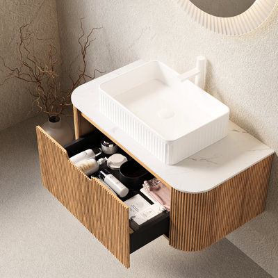 36" Bathroom Vanity With Curved Edges And 3D Striped Natural , Wall - Mounted Floating Cabinet White Rectangular Ceramic Basin, Ample Storage Space, Counter Top, Soft Close System, Easy To Install,