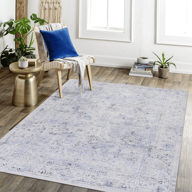 Area Rug, Washable Rug, Low-Pile, Non-Slip, Non-Shedding, Foldable, Kid & Pet Friendly - S For Living Room, Bedroom, Kitchen (Blue/Cream)