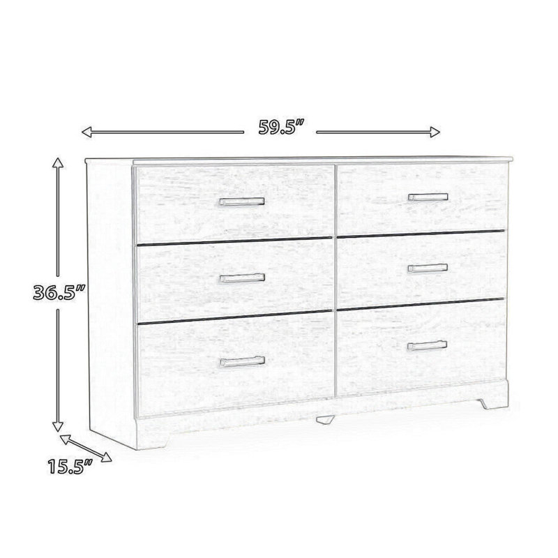 Commode Tely 60 po, 6 tiroirs avec poignées étain, bois blanc Tely