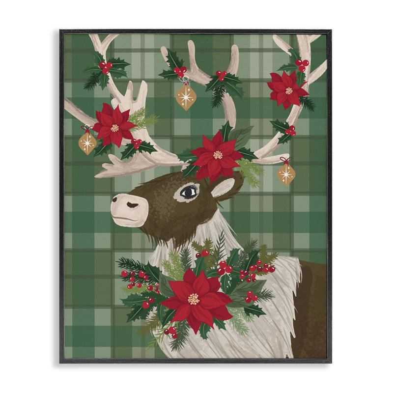 «Festive Deer with Poinsettia», art de la giclée encadrée, design par Lisa Perry White, H 20 po x l 16 po