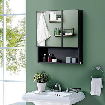 Armoire à pharmacie murale Kleankin, miroir de salle de bain avec portes doubles et tablettes de rangement, noir