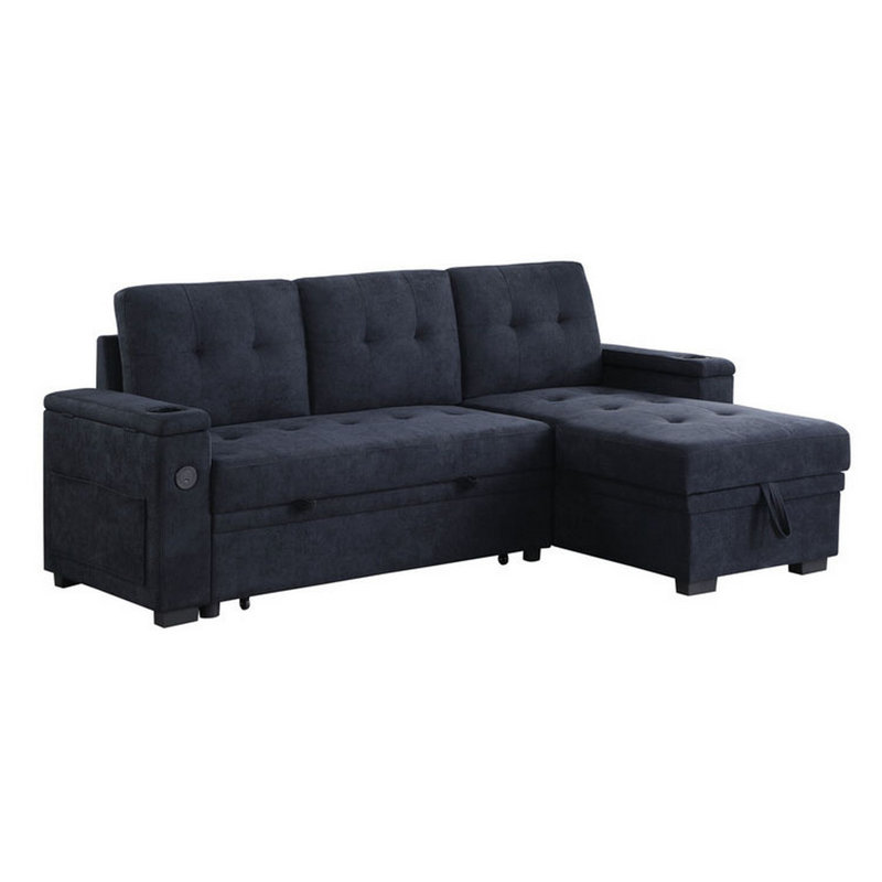 Lna 84 Inch Sectional Sofa, Pull Out Bed, Storage Chaise, USB, Dark Gray Woven Fabric