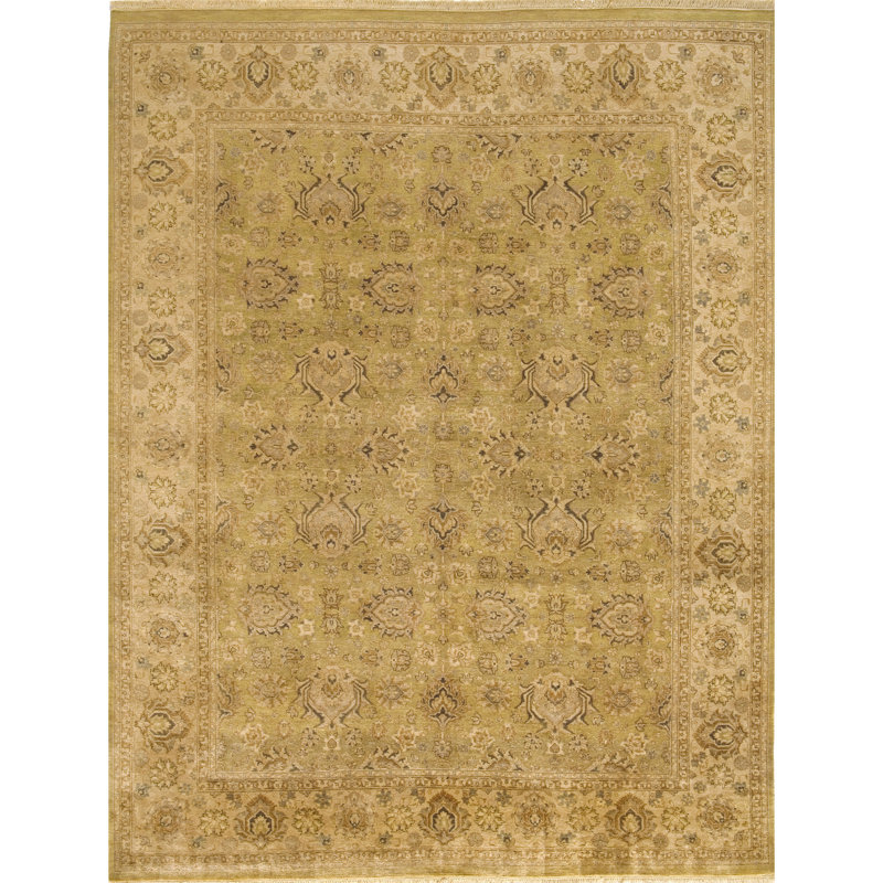 Tapis oriental rectangulaire en laine noué à la main olive clair / ivoire, Rectangle 8 pi x 10 pi