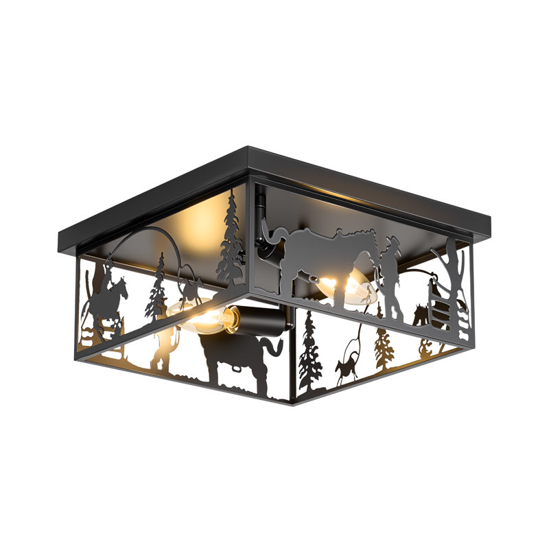 Plafonnier semi-encastré rustique noir 11,2 po à 2 lumières avec abat-jour carré Cowboy Horse, Noir mat