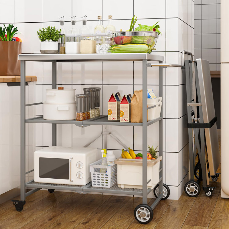 Outdoor Grill Cart Table, Stainless Steel Pizza Oven Stand Trolley Table With Wheels, Silver