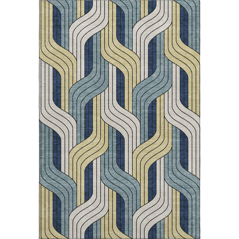 Premium Machine Washable Mayfield AMF2422 Striped Rug, Teal, 3' x 5'