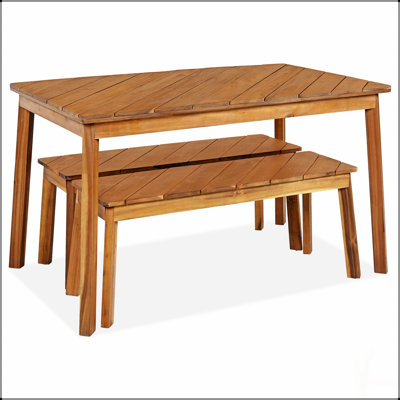3 Pieces Acacia Wood Table Bench Dining Set for Indoor and Outdoor Use, Weather-Resistant and Space-Saving