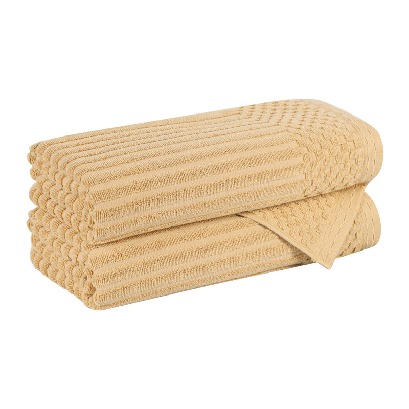 Kaelea Soho Cotton Ribbed Checkered Border Medium Weight 3 Piece Assorted Bathroom Towel Set, Bath Towel 2-Pack, Gold