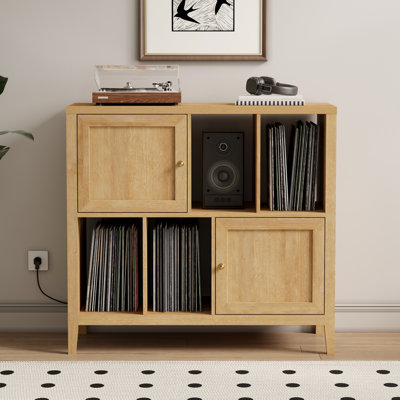 Armoire pour tourne-disque Mid-Century, support pour tourne-disque avec rangement en vinyle, casiers ouverts et portes de rangement fermées
