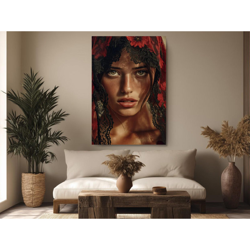 Art sur toile, Portrait d'une femme espagnole: yeux verts, dentelle rouge et noire, H 24 po x l 16 po