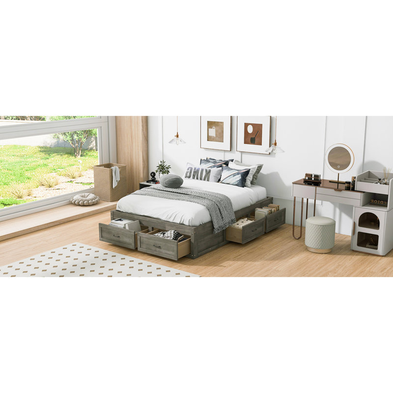 Lit plateforme spacieux avec tiroirs de rangement, structure en MDF gris antique