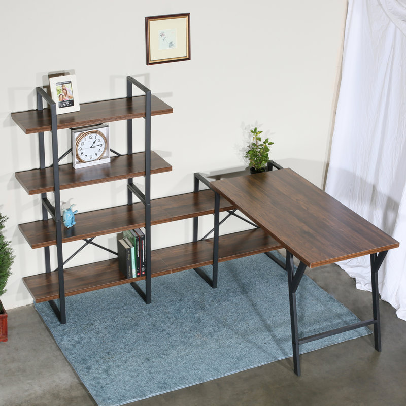 Antique Wood L-Shaped Writing Desk with Shelves