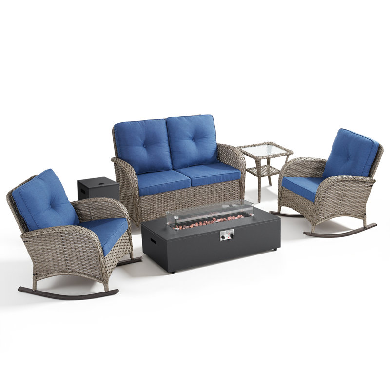 Esquer 5-Piece Outdoor Wicker Loveseat Conversation Set With Rocking Chairs And Separate Fire Pit Table, Gray, Blue