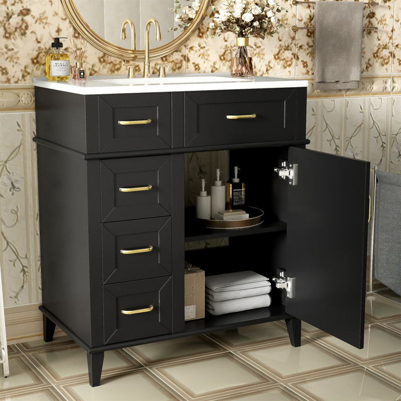 Meuble-lavabo de 30 pouces avec lavabo en céramique, tablette réglable, porte à fermeture en douceur et trois tiroirs à fermeture en douceur pour un rangement élégant