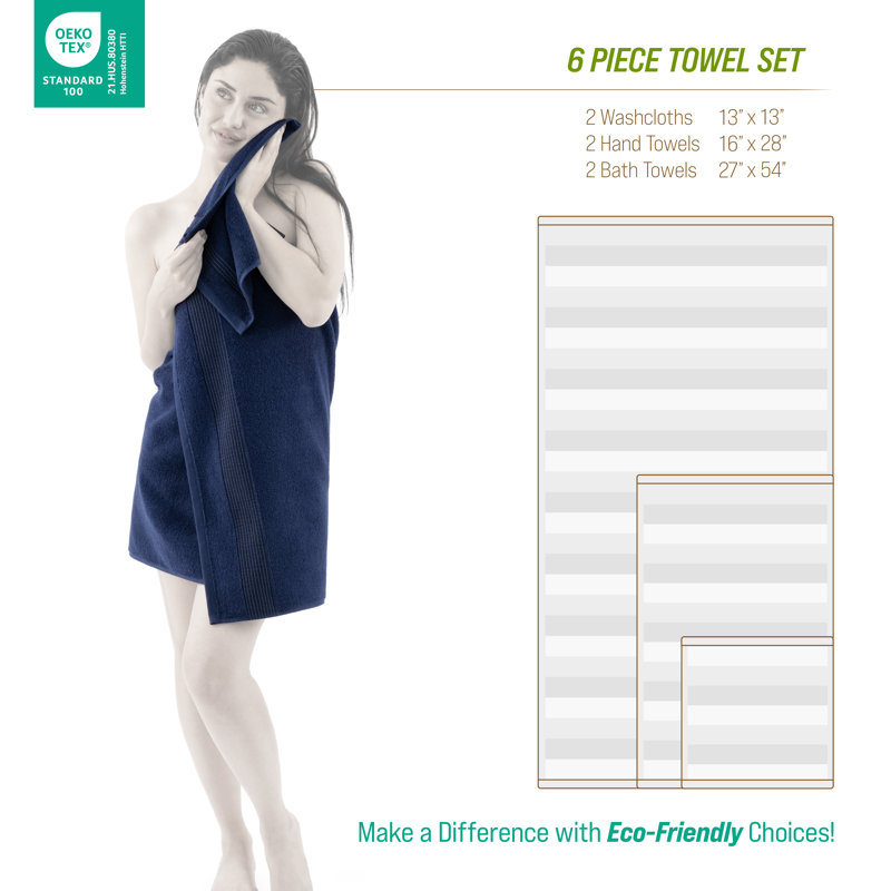Luxury Extra Soft 100% Cotton 6 Piece Bath Towel Set, Navy