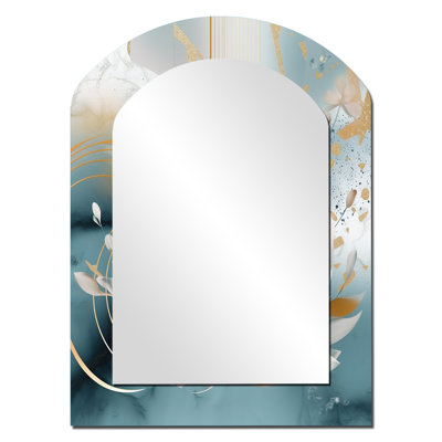 Blue Marble Gold Floral Impressions III - Floral Arch Wall Mirror, Blue Asymmetrical Decorative Mirror, Printed Metal Art