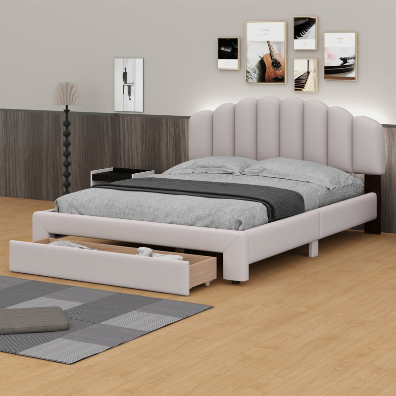 Lit à panneau tapissier Ashiley, Beige